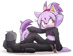 Rule 34 | 1girl, absurdres, animal ears, arm on knee, black footwear, black pants, blaze the cat, cat ears, cat girl, cat tail, chain, eyelashes, forehead jewel, furry, furry female, highres, midriff, navel, pants, ponytail, purple fur, simple background, sitting, sonic (series), sugar danny13, tail, white background, yellow eyes