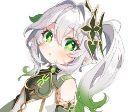Rule 34 | 1girl, bare shoulders, blush, detached sleeves, dress, eyelashes, genshin impact, green eyes, green hair, hair between eyes, hair ornament, highres, long hair, looking at viewer, multicolored hair, nahida (genshin impact), paragasu (parags112), parted lips, pointy ears, ponytail, side ponytail, sidelocks, simple background, solo, upper body, white background, white hair