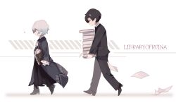 Rule 34 | 1boy, 1girl, angela (project moon), ascot, black dress, black footwear, black hair, black jacket, black pants, blue hair, book, chinese commentary, closed mouth, coat, commentary request, copyright name, dress, formal, frilled sleeves, frills, grey coat, highres, holding, holding book, iotaone, jacket, library of ruina, light blue hair, long dress, long sleeves, open clothes, open coat, pants, papers, project moon, roland (project moon), shirt, short hair, smile, suit, walking, white ascot, white shirt