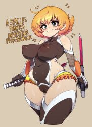 Rule 34 | 1girl, absurdres, blonde hair, blue eyes, bodystocking, breasts, brown background, brown thighhighs, closed mouth, commentary, covered erect nipples, curvy, english commentary, english text, highleg, highleg leotard, highres, holding, holding sword, holding weapon, igawa sakura, impossible clothes, impossible leotard, large breasts, leotard, nipples, orange hair, revealing clothes, short hair, simple background, slugbox, smile, solo, sweat, sword, taimanin (series), taimanin asagi, taimanin suit, thighhighs, thighs, weapon, wide hips