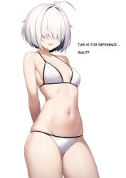 Rule 34 | 1girl, ahoge, arc 9 (mikoscrub), arms behind back, bikini, breasts, covered eyes, cowboy shot, english text, grey hair, hair over eyes, highres, mikoscrub, navel, open mouth, original, short hair, simple background, skindentation, small breasts, solo, swimsuit, white background, white bikini