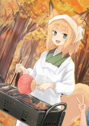 Rule 34 | 1girl, :d, animal ears, apron, autumn leaves, batta (kanzume quality), blonde hair, blue eyes, blunt bangs, blush, chopsticks, cooking, day, dutch angle, fang, food, forest, fox ears, fox tail, grill, grilling, hand fan, holding, kappougi, long sleeves, looking at viewer, nature, open mouth, original, outdoors, paper fan, smile, solo focus, standing, tail, tree, uchiwa, v