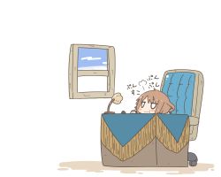 Rule 34 | 10s, 1girl, :t, annoyed, blush stickers, brown hair, chair, commentary request, desk, desk lamp, highres, ikazuchi (kancolle), inishie, jitome, kantai collection, lamp, office chair, pout, short hair, sitting, solid oval eyes, solo, swivel chair, window