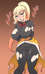 Rule 34 | 10s, 1girl, blonde hair, blue eyes, blush, bodysuit, bow, breast hold, breasts, breath, covered erect nipples, crossed arms, curvy, darkness (konosuba), gabao (mattari 2019), hair ornament, hairclip, heart, heart-shaped pupils, heavy breathing, holding own arm, impossible clothes, kono subarashii sekai ni shukufuku wo!, large breasts, long hair, looking at viewer, masochism, open mouth, ponytail, sidelocks, solo, standing, symbol-shaped pupils, torn clothes, trembling, very long hair, wide hips