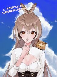 Rule 34 | 1girl, ahoge, brown corset, brown eyes, brown hair, cleavage cutout, clothing cutout, cloud, cloudy sky, congratulations, corset, crossed bangs, double-parted bangs, english text, feather hair ornament, feathers, finger to mouth, hair ornament, hairclip, highres, hololive, hololive english, hootsie (nanashi mumei), long hair, looking at viewer, multicolored hair, nanashi mumei, nanashi mumei (1st costume), ponytail, shirt, sky, smile, streaked hair, unmeidesu, upper body, very long hair, virtual youtuber, white shirt