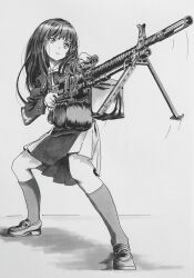 Rule 34 | 1girl, ammunition box, bipod, closed mouth, collared dress, commentary, dress, full body, general-purpose machine gun, greyscale, gun, handle, highres, holding, holding gun, holding weapon, inoue takina, jdsmyoko, loafers, long hair, long sleeves, looking ahead, lycoris recoil, lycoris uniform, machine gun, monochrome, muzzle device, pleated skirt, shoes, simple background, skirt, socks, solo, standing, sumitomo ntk-62, two-tone dress, weapon