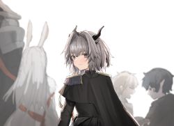 Rule 34 | 2girls, 3boys, animal ears, arknights, black cape, black hair, blurry, blurry background, cape, closed mouth, commentary request, dragon horns, epaulettes, faust (arknights), from behind, frostnova (arknights), grey eyes, grey hair, highres, horn/wood, horns, jacket, light blush, long hair, looking back, mephisto (arknights), multiple boys, multiple girls, open mouth, patriot (arknights), pointy ears, profile, rabbit ears, short hair, simple background, smile, solo focus, talulah (arknights), talulah the fighter (arknights), upper body, white background, white hair, white jacket