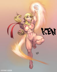 Rule 34 | 1990s (style), 1girl, abs, armpits, barefoot, blonde hair, brown eyes, capcom, character name, clenched hands, elee0228, eyebrows, fingerless gloves, fire, fire, genderswap, genderswap (mtf), gloves, hair ribbon, ken masters, long hair, lost-tyrant, low-tied long hair, muscular, muscular female, navel, nipples, nude, open mouth, pussy, retro artstyle, ribbon, shouryuuken, solo, street fighter, street fighter zero (series), thick eyebrows, toes, uncensored, uppercut, watermark