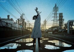 Rule 34 | 1boy, black hair, black pants, building, coat, commentary request, full body, hand up, handcuff dangle, long coat, looking at viewer, male focus, no shoes, original, outdoors, pants, power lines, puddle, reflection, road, sakiyama8ma, short hair, short sleeves, signature, sky, solo, standing, star (sky), starry sky, traffic cone, transmission tower, utility pole, white coat, wide sleeves