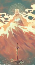Rule 34 | 1girl, artist name, bare shoulders, blonde hair, bracelet, breasts, cleavage, dress, closed eyes, flower, highres, hylia, instagram username, jewelry, long hair, master sword, necklace, nintendo, planted, planted sword, planted weapon, pointy ears, princess zelda, rust, silent princess, sinfulzany, solo, strapless, strapless dress, sword, the legend of zelda, the legend of zelda: breath of the wild, tumblr username, twitter username, very long hair, weapon