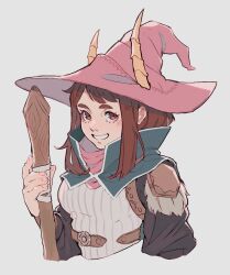 Rule 34 | 1girl, alternate costume, armor, boku no hero academia, breasts, brown eyes, brown hair, cropped torso, curem, detached collar, grey background, grin, hat, holding, holding staff, horned hat, leather armor, light blush, looking at viewer, medium breasts, medium hair, pink hat, pink scarf, scarf, shirt, shoulder armor, sidelocks, smile, solo, staff, teeth, upper body, uraraka ochako, white shirt, witch hat