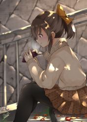 Rule 34 | 1girl, :t, absurdres, artist name, autumn, black pantyhose, blush, bow, brown hair, brown skirt, brown sweater, closed mouth, commentary request, dappled sunlight, dated, day, eating, floral print, food, from side, hair bow, highres, holding, holding food, leaf, long sleeves, original, outdoors, pantyhose, pleated skirt, profile, railing, red eyes, short hair, short ponytail, sidelocks, signature, sitting, skirt, smile, solo, sora (silent square), stairs, sunlight, sweater, sweet potato, tareme