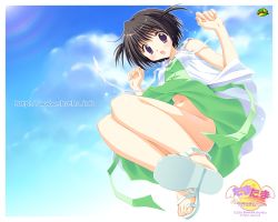 Rule 34 | 00s, 1girl, 2006, :o, bare arms, bare shoulders, black hair, blue sky, blush, breasts, cloud, cloudy sky, convenient leg, copyright name, day, dress, falling, from below, full body, green dress, hands up, jumping, kadoi aya, logo, looking at viewer, looking down, navel, no panties, open mouth, outdoors, outline, outside border, purple eyes, sandals, shirt, shoes, short hair, sky, sleeveless, sleeveless dress, sleeveless shirt, solo, tamatama, tareme, twintails, upskirt, wakui saki, wallpaper, watermark, web address, white footwear, white shirt