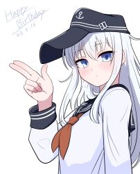 Rule 34 | 1girl, black hat, black sailor collar, blue eyes, dated, flat cap, happy birthday, hat, hibiki (kancolle), highres, kafe ore, kantai collection, long hair, looking at viewer, neckerchief, red neckerchief, russian commentary, sailor collar, salute, school uniform, serafuku, shirt, simple background, solo, white background, white hair, white shirt