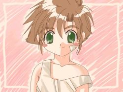 Rule 34 | 1boy, bandages, bandaid, bandaid on face, bare shoulders, blush, brown hair, collarbone, eyebrows, green eyes, izumo, looking at viewer, male focus, pink background, shirt, short hair, simple background, smile, solo, spiked hair, touma hikaru, yamamoto kazue