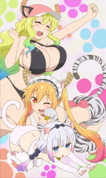 Rule 34 | 10s, 3girls, :3, absurdres, animal ears, animal hands, baseball cap, beads, bell, bikini, black bikini, black bow, blonde hair, blue eyes, blunt bangs, blush, bow, breasts, cat ears, cat girl, cat tail, closed eyes, collar, collarbone, dragon girl, dragon horns, gloves, gradient hair, green hair, hair beads, hair ornament, hairband, hat, highres, horns, huge breasts, kanna kamui, kemonomimi mode, kobayashi-san chi no maidragon, large breasts, light purple hair, long hair, looking at viewer, low twintails, lucoa (maidragon), maid headdress, multicolored hair, multiple girls, neck bell, open mouth, orange eyes, paw pose, pink hair, screencap, smile, stitched, swimsuit, tail, third-party edit, tohru (maidragon), twintails, whiskers