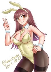 Rule 34 | 1girl, absurdres, adapted costume, animal ears, between breasts, black leotard, breasts, brown eyes, brown hair, brown pantyhose, covered navel, dated, detached collar, fake animal ears, fake tail, highres, kantai collection, katou shinobu, leotard, long hair, medium breasts, necktie, necktie between breasts, ooi (kancolle), ooi kai ni (kancolle), pantyhose, playboy bunny, rabbit ears, rabbit tail, simple background, smile, strapless, strapless leotard, tail, twitter username, v, white background, wrist cuffs