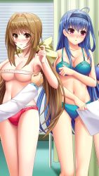Rule 34 | 2girls, ahoge, blue bra, blue hair, blue headband, blue panties, bow, bra, breasts, brown hair, cleavage, collarbone, doukyuusei another world, game cg, gluteal fold, hair between eyes, hair bow, hair intakes, headband, indoors, kakyuusei 2, large breasts, long hair, low twintails, multiple girls, navel, official art, panties, red eyes, red panties, saimon tamaki, spaghetti strap, takatoo nanase, thigh gap, topless, twintails, underwear, underwear only, very long hair, yellow bow