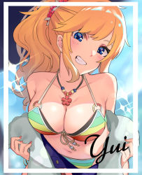 Rule 34 | 1girl, bikini, blue eyes, blush, bracelet, breasts, character name, cleavage, framed image, front-tie bikini top, front-tie top, grin, hairband, highres, idolmaster, idolmaster cinderella girls, idolmaster cinderella girls starlight stage, jewelry, long hair, looking at viewer, medium breasts, nail polish, necklace, o-ring, o-ring bikini, ohtsuki yui, open clothes, open fly, open shirt, orange hair, ponytail, rainbow bikini, shorts, smile, solo, sparkle background, striped bikini, striped clothes, swimsuit, teeth, undressing, za yu a