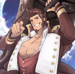 Rule 34 | 1boy, alternate pectoral size, beard, blue eyes, brown hair, collared jacket, epaulettes, facial hair, fate/grand order, fate (series), holding, holding weapon, huge weapon, jacket, large pectorals, long sideburns, long sleeves, looking at viewer, male focus, muscular, napoleon bonaparte (fate), pectorals, ridoharu, scar, sideburns, smile, solo, uniform, weapon
