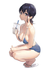 Rule 34 | 1girl, :/, absurdres, artist name, bare arms, bare legs, bikini, blue bikini, blue hair, breasts, brown eyes, cleavage, collarbone, crossed bangs, cup, disposable cup, drink, drinking straw, full body, halterneck, han-0v0, highres, holding, holding drink, medium breasts, original, photo-referenced, ponytail, sidelocks, simple background, skindentation, slippers, solo, spaghetti strap, squatting, swimsuit, thighs, wet, white background, white footwear
