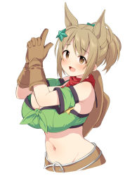 Rule 34 | 1girl, alternate breast size, animal ears, armband, bad id, bad pixiv id, bandana, bandeau, bare shoulders, bikini, bikini under clothes, breasts, brown eyes, brown gloves, brown hair, brown hat, character request, cleavage, commentary request, cosplay, cropped torso, detached sleeves, finger gun, gloves, green armband, groin, hair ornament, hands up, hat, hat on back, highres, horse ears, huge breasts, idolmaster, idolmaster cinderella girls, kemonomimi mode, large breasts, midriff, mimura kanako, navel, ootsubo yuka, own hands together, ponytail, short hair, short sleeves, sidelocks, simple background, solo, star (symbol), star hair ornament, stomach, strapless, swimsuit, taiki shuttle (umamusume), taiki shuttle (umamusume) (cosplay), tube top, uccow, umamusume, upper body, voice actor connection, white background