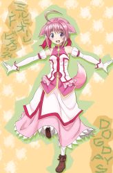 Rule 34 | 10s, 1girl, ahoge, animal ears, bare shoulders, boots, dog days, dog ears, dog tail, dress, elbow gloves, female focus, full body, gloves, hair ribbon, highres, millhiore f. biscotti, open mouth, pink hair, purple eyes, ribbon, short hair, smile, solo, tail