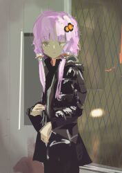 Rule 34 | 1girl, absurdres, alternate costume, black jacket, black pants, closed mouth, commentary request, cowboy shot, door, down jacket, expressionless, hair ornament, highres, indoors, jacket, kabuyama kaigi, looking at viewer, metal wire, pants, purple hair, short hair with long locks, solo, standing, vocaloid, voiceroid, window, yuzuki yukari
