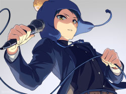 Rule 34 | 1boy, asada hachi, belt, black shirt, blue coat, blue hair, blue hat, buttons, cable, chullo, coat, commentary request, craig tucker, dress shirt, hat, holding, holding microphone, looking at viewer, male focus, microphone, microphone cord, open clothes, open coat, shirt, short hair, simple background, solo, south park, upper body, yellow eyes