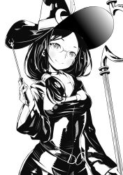 Rule 34 | 10s, 1girl, blush, breasts, broom, choker, collarbone, covered navel, crescent, dress, fukushima masayasu, glasses, greyscale, hair over shoulder, hat, hat feather, highres, hood, little witch academia, long hair, long sleeves, looking at viewer, medium breasts, monochrome, rimless eyewear, robe, side ponytail, simple background, smile, solo, ursula callistis, wand, white background, wide sleeves, witch, witch hat