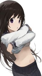Rule 34 | 1girl, black hair, black skirt, bra, chitanda eru, clothes lift, commentary request, highres, hiroki (yyqw7151), hyouka, kamiyama high school uniform (hyouka), long hair, long sleeves, looking at viewer, midriff, navel, open mouth, pleated skirt, pulling own clothes, purple eyes, school uniform, serafuku, shirt lift, simple background, skirt, solo, underwear, undressing, white background, white bra