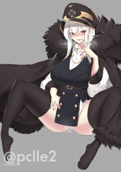Rule 34 | 1girl, absurdres, ass, black fur, blush, breasts, cloak, collared shirt, cross, female ejaculation, finger to mouth, fur-trimmed cloak, fur collar, fur trim, girls&#039; frontline, gluteal fold, hair between eyes, hat, highres, iron cross, kar98k (girls&#039; frontline), large breasts, military, military hat, military uniform, pclle2, red eyes, shirt, signature, simple background, solo, spread legs, sweat, thighhighs, thighs, twitter username, uniform, white hair