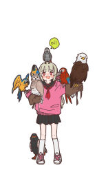 1girl @_@ african_grey_parrot animal animal_on_arm animal_on_head bald_eagle bird bird_on_arm bird_on_head bird_request black_sailor_collar black_skirt blonde_hair blue-and-yellow_macaw blush commentary_request eagle falconry_glove fang full_body furrowed_brow highres horned_owl kneehighs long_hair looking_at_viewer macaw natori_sana neckerchief nervous nervous_smile on_head open_mouth outstretched_arm owl parrot pink_sweater pleated_skirt red-and-green_macaw red_eyes red_neckerchief sailor_collar sana_channel school_uniform serafuku shoes simple_background skin_fang skirt smile sneakers socks solo speech_bubble standing sweater too_many too_many_birds uewtsol virtual_youtuber white_background white_socks