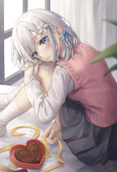 Rule 34 | 1girl, black skirt, blue eyes, blue ribbon, blurry, blurry foreground, blush, box, braid, candy, chocolate, chocolate heart, curtains, flower, food, hair flower, hair ornament, hair ribbon, hairclip, hand on own knee, head rest, heart, heart-shaped box, highres, indoors, light particles, long hair, long sleeves, looking at viewer, miniskirt, original, parted lips, pink sweater, plant, pleated skirt, ribbon, santasan478, school uniform, shirt, silver hair, sitting, skirt, socks, solo, sweater, swept bangs, valentine, white flower, white shirt, white socks, window, yellow ribbon