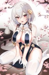 Rule 34 | 1girl, azur lane, between legs, breast curtains, breasts, cherry blossoms, cleavage, covered erect nipples, garter straps, gloves, hand between legs, high heels, highres, kiyochii, kneeling, large breasts, looking at viewer, open mouth, red eyes, see-through, side slit, sirius (azur lane), sirius (azure horizons) (azur lane), solo, thick thighs, thighhighs, thighs, white footwear, white gloves, white hair, white thighhighs