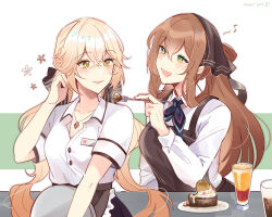 Rule 34 | 2girls, alternate costume, apron, blonde hair, blush, bow, brown apron, coll (erichankun), collared shirt, commission, dessert, food, fork, girls&#039; frontline, green eyes, hair bow, headdress, holding, holding fork, jewelry, long hair, looking at another, looking at food, multiple girls, musical note, necklace, official alternate costume, open mouth, ots-14 (girls&#039; frontline), shirt, simple background, smile, spoken musical note, springfield (girls&#039; frontline), upper body, waist apron, waitress, white shirt, yellow eyes