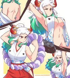 Rule 34 | 1girl, arms up, back, bare back, blue hair, breasts, clenched hand, closed mouth, covered erect nipples, dashi (dashiart), fighting stance, from behind, green hair, groin, hakama, high ponytail, highres, hip vent, holding, holding weapon, horns, japanese clothes, large breasts, long hair, looking at viewer, multicolored hair, multiple views, nape, navel, no bra, one eye closed, one piece, open clothes, open mouth, patreon username, rope, shimenawa, shoulder blades, sideboob, sleeveless, stretching, watermark, weapon, web address, white hair, yamato (one piece)