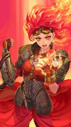 Rule 34 | 1girl, armor, bad id, bad twitter id, boobplate, boots, breastplate, breasts, brown footwear, brown thighhighs, chainmail, chandra nalaar, clenched hand, commentary request, cowboy shot, eyelashes, fang, faulds, fiery hair, fingerless gloves, fire, fire, flaming hand, gauntlets, gloves, goggles, goggles on head, hands up, highres, legs apart, looking at viewer, magic: the gathering, medium breasts, open mouth, orange eyes, orange hair, pauldrons, pelvic curtain, red gloves, red skirt, short hair, short sleeves, shoulder armor, showgirl skirt, skirt, sleeves pushed up, solo, spread fingers, standing, teeth, thigh boots, thighhighs, washi no tosaka