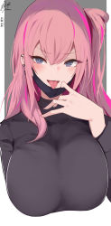 Rule 34 | 1girl, absurdres, blue eyes, blush, border, breasts, bright pupils, ear piercing, earrings, grey background, gyaru, hair between eyes, highres, jewelry, large breasts, long hair, long sleeves, looking at viewer, mask, mask pull, mouth mask, multicolored hair, one side up, original, piercing, pink hair, signature, simple background, solo, streaked hair, sweater, tongue, tongue out, upper body, v-shaped eyebrows, white border, yuzuki himuka
