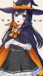 Rule 34 | 1girl, absurdres, alternate costume, animal ears, asashio (kancolle), belt, belt buckle, black dress, black hair, blue eyes, blush, buckle, cape, cat ears, dress, gloves, hair between eyes, halloween, halloween costume, hat, highres, huge filesize, interlocked fingers, kantai collection, long hair, open mouth, paw print, pinafore dress, sleeveless dress, smile, solo, white gloves, witch hat, yunamaro