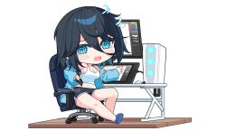 Rule 34 | 1girl, @ @, absurdres, black hair, black shorts, blue eyes, blue footwear, blue jacket, blush, breasts, camisole, chair, chibi, cleavage, commentary, computer, crocs, drawing tablet, hair between eyes, highres, holding, holding stylus, jacket, long sleeves, looking at viewer, midriff, monitor, mouse (computer), navel, office chair, on chair, open mouth, original, rynzfrancis, short hair, shorts, sideboob, sidelocks, sitting, solo, stylus, swivel chair, tearing up, twitter username, wavy mouth, white camisole