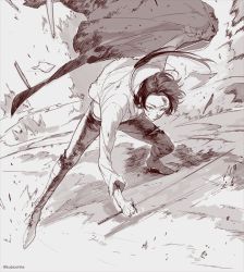 Rule 34 | 10s, boots, cape, dalc rose, fighting, fighting stance, holding, holding clothes, kashuu kiyomitsu, long hair, male focus, monochrome, shirt, solo, sword, torn clothes, touken ranbu, twitter username, uchigatana, weapon