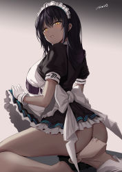 Rule 34 | 1boy, 1girl, apron, ass, bare legs, barefoot, black hair, blue archive, blush, breasts, clenched teeth, clothes lift, dark-skinned female, dark skin, gloves, hetero, highres, karin (blue archive), large breasts, lifting own clothes, long hair, looking at viewer, looking back, maid, maid apron, maid headdress, no legwear, no panties, rororo, scowl, signature, simple background, sitting, sitting on face, sitting on person, skirt, skirt lift, smile, teeth, yellow eyes