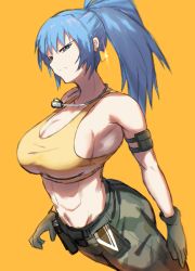 Rule 34 | 1girl, abs, absurdres, armlet, belt, blue eyes, blue hair, breasts, camouflage, camouflage pants, cleavage, dog tags, earrings, fiin36772, gloves, highres, jewelry, large breasts, leona heidern, long hair, looking at viewer, pants, ponytail, pouch, sideboob, simple background, solo, tank top, the king of fighters, the king of fighters xv, toned, triangle earrings, yellow background, yellow tank top