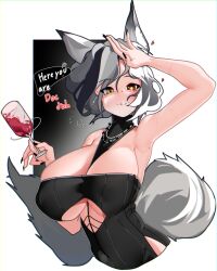 Rule 34 | 1girl, absurdres, alternate costume, animal ear fluff, animal ears, arknights, arm up, armpits, black dress, black hair, black nails, blush, breasts, bright pupils, cleavage, covered navel, cropped torso, dress, english text, gradient background, grey hair, halter dress, halterneck, heart, heterochromia, highres, huge breasts, large breasts, looking at viewer, mismatched pupils, mole, mole above mouth, mole on armpit, multicolored hair, nail polish, naxius noxy, parted lips, quartz (arknights), red eyes, sleeveless, sleeveless dress, smile, speech bubble, streaked hair, two-tone hair, upper body, yellow eyes
