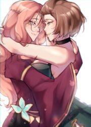 Rule 34 | 2girls, absurdres, arms around neck, bare shoulders, breasts, brown eyes, brown hair, choker, circlet, commission, cornelia arnim, dress, eye contact, eyeshadow, fire emblem, fire emblem: three houses, flower brooch, forehead jewel, glasses, green dress, green eyes, hair slicked back, hand on another&#039;s head, highres, jewelry, large breasts, lipstick, long hair, looking at another, makeup, manuela casagranda, mature female, mole, mole above mouth, mole under eye, multiple girls, nail polish, nams schmellows, nintendo, orange eyeshadow, orange hair, orange lips, pink hair, round eyewear, second-party source, short hair, side slit, sketch, smile, upper body, white background, yellow-framed eyewear, yuri