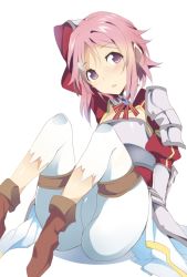Rule 34 | 10s, 1girl, arm up, armor, ass, bad anatomy, bad id, bike shorts, blush, breastplate, breasts, crotch, freckles, hair ornament, hairclip, lisbeth (sao), lisbeth (sao-alo), looking at viewer, pink hair, pointy ears, purple eyes, short hair, simple background, sitting, small breasts, solo, sword art online, thu, white background