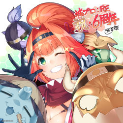 Rule 34 | ;), anniversary, black gloves, breasts, chikatakutsu (oshiro project), cleavage, close-up, commentary request, copyright notice, familiar, gloves, green eyes, hairband, kokka han, looking at viewer, one eye closed, orange hair, oshiro project:re, oshiro project:re, ponytail, red scarf, scarf, second-party source, signature, smile