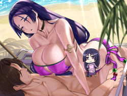 Rule 34 | 1boy, 1girl, armlet, ass, bare shoulders, bikini, blush, breasts, brown hair, butt crack, censored, cleavage, collarbone, cowgirl position, eyepatch bikini, fate/grand order, fate (series), girl on top, hetero, kirome (kamipaper), large breasts, long hair, minamoto no raikou (fate), minamoto no raikou (fate/grand order), minamoto no raikou (swimsuit lancer) (fate), novelty censor, open mouth, parted bangs, purple bikini, purple eyes, purple hair, sex, short hair, straddling, swimsuit, very long hair