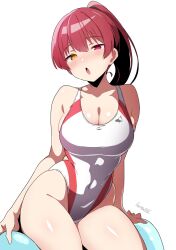 Rule 34 | 1girl, batta 16-sei, breasts, cleavage, commentary request, competition swimsuit, covered navel, heterochromia, highleg, highleg swimsuit, highres, hololive, houshou marine, large breasts, long hair, looking at viewer, one-piece swimsuit, ponytail, red eyes, red hair, simple background, sitting, solo, swimsuit, two-tone one-piece swimsuit, virtual youtuber, white background, white one-piece swimsuit, yellow eyes